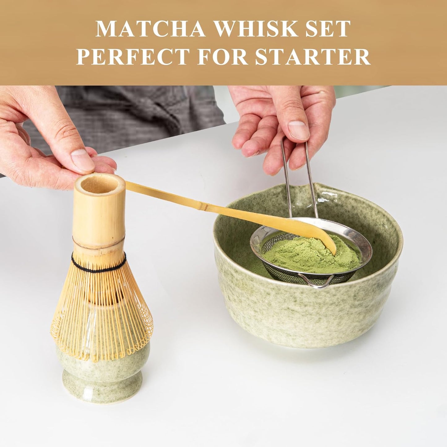 Matcha Whisk Set, Matcha Making Kit Whisk (Chasen Holder), Ceramic Whisk Holder (Mottled Green), Bamboo Scoop, Powder Starter Sifter, Spoon Japanese Tea Tools for Ceremony Gift