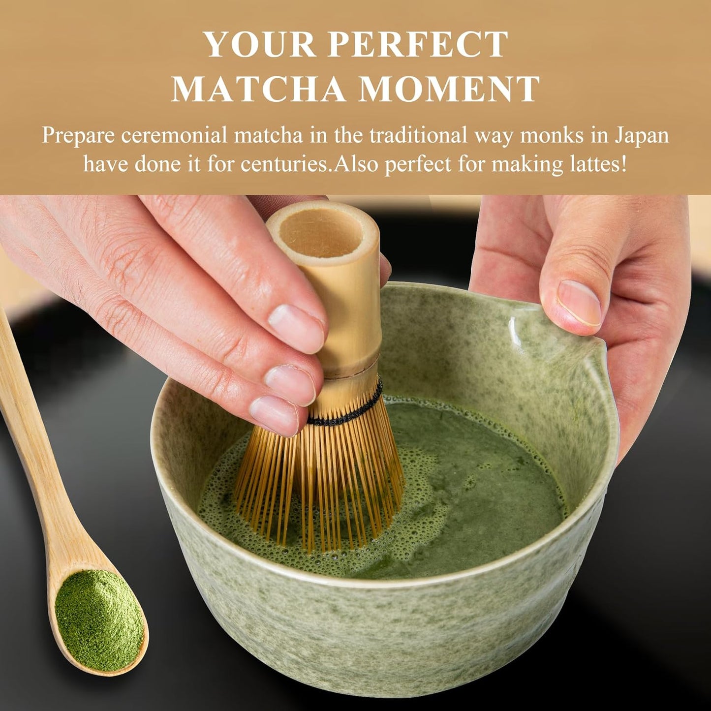 Matcha Whisk Set, Matcha Making Kit Whisk (Chasen Holder), Ceramic Whisk Holder (Mottled Green), Bamboo Scoop, Powder Starter Sifter, Spoon Japanese Tea Tools for Ceremony Gift