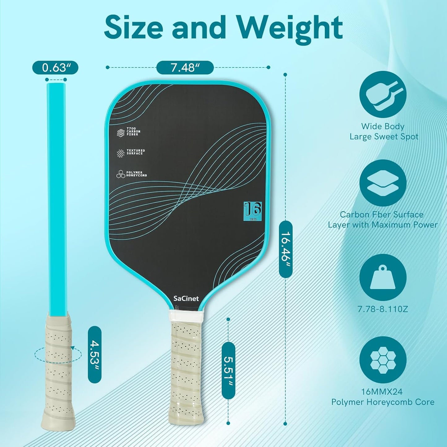T700 Carbon Fiber Pickleball Paddles, Premium Feather Weight Paddle for Beginner and Intermediate, 16Mm Honeycomb Core, Enhanced Grit, Control and Spin, Indoor Outdoor Pickleball Racket