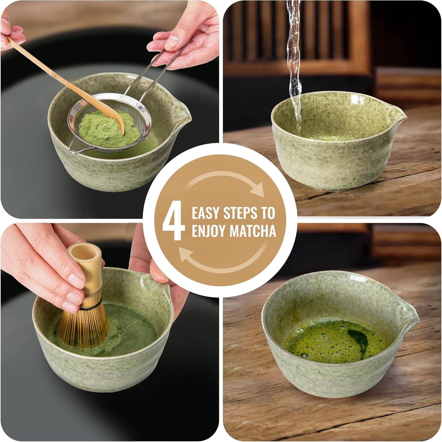 Matcha Whisk Set, Matcha Making Kit Whisk (Chasen Holder), Ceramic Whisk Holder (Mottled Green), Bamboo Scoop, Powder Starter Sifter, Spoon Japanese Tea Tools for Ceremony Gift