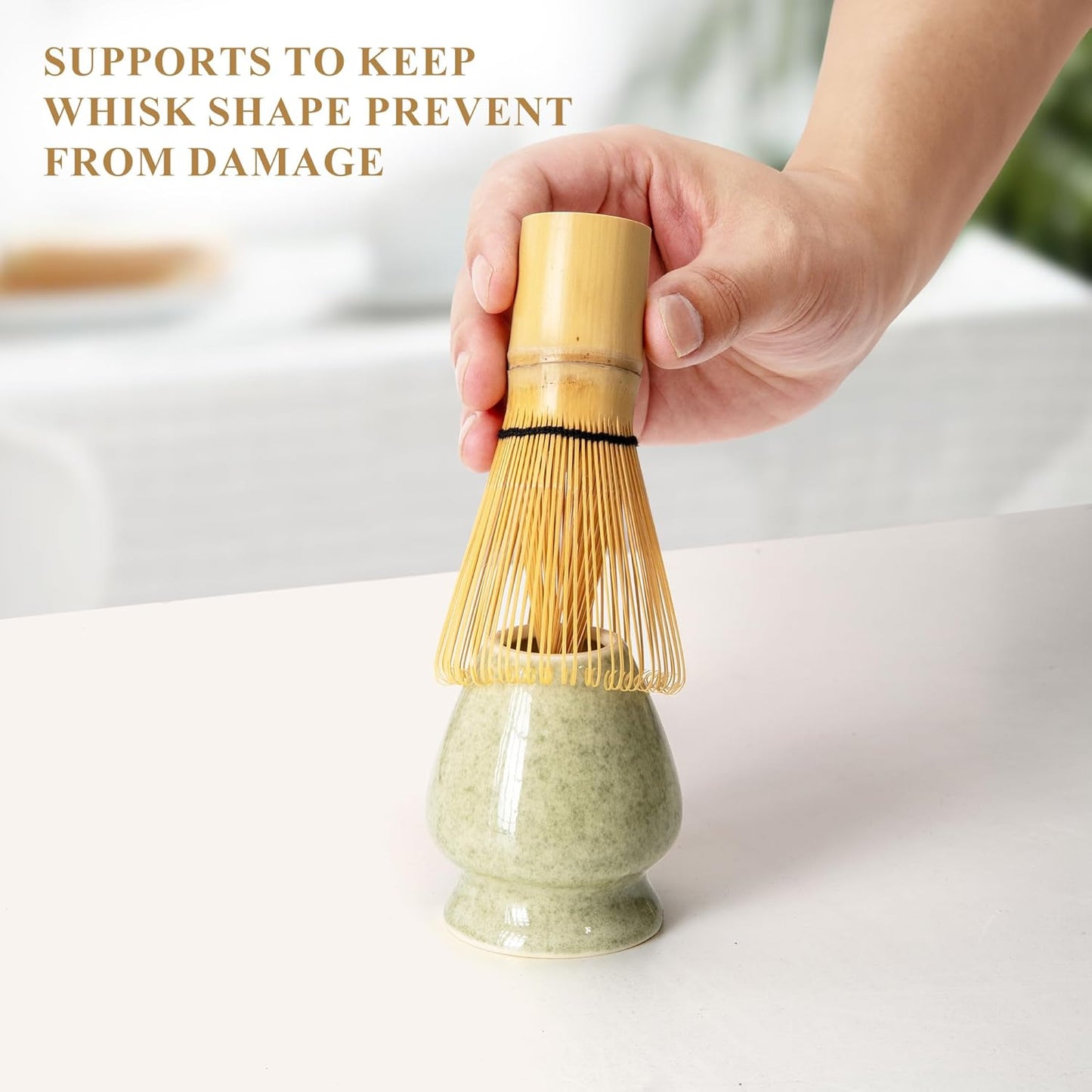 Matcha Whisk Set, Matcha Making Kit Whisk (Chasen Holder), Ceramic Whisk Holder (Mottled Green), Bamboo Scoop, Powder Starter Sifter, Spoon Japanese Tea Tools for Ceremony Gift