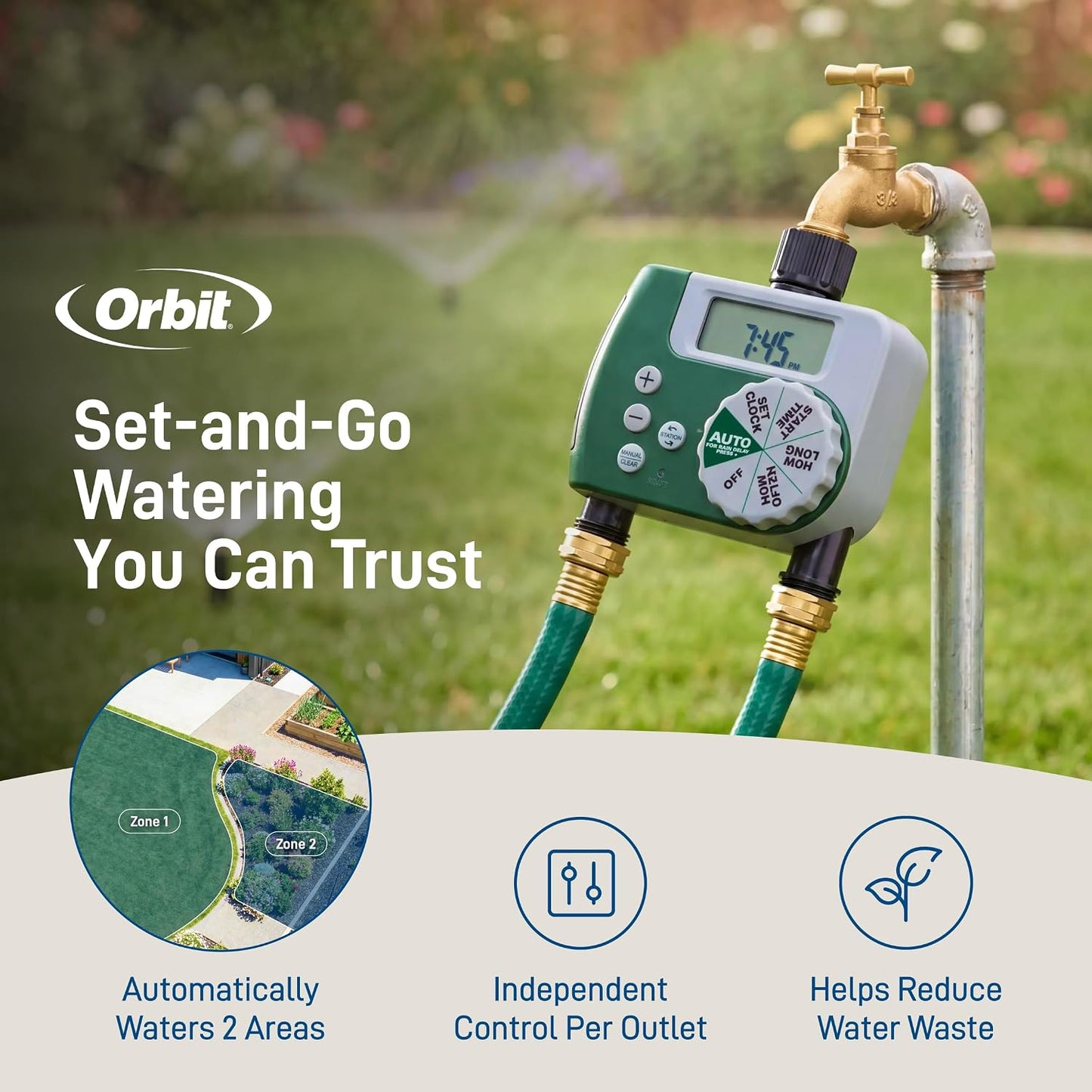 Programmable Digital Hose Watering Timer - 2 Outlet - Battery Powered - with LCD Screen - Built-In Rain Delay - Water-Resistant - 58910