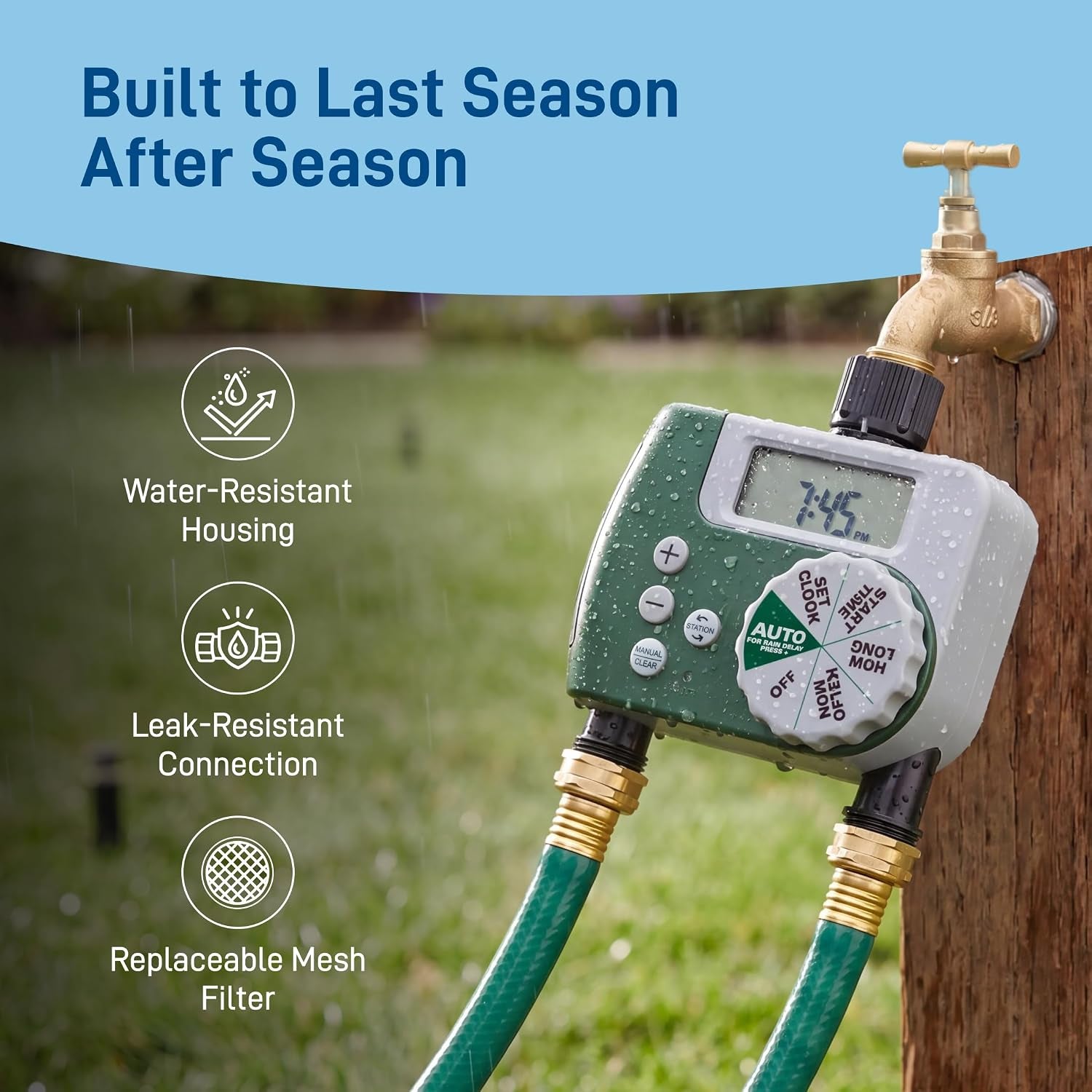 Programmable Digital Hose Watering Timer - 2 Outlet - Battery Powered - with LCD Screen - Built-In Rain Delay - Water-Resistant - 58910