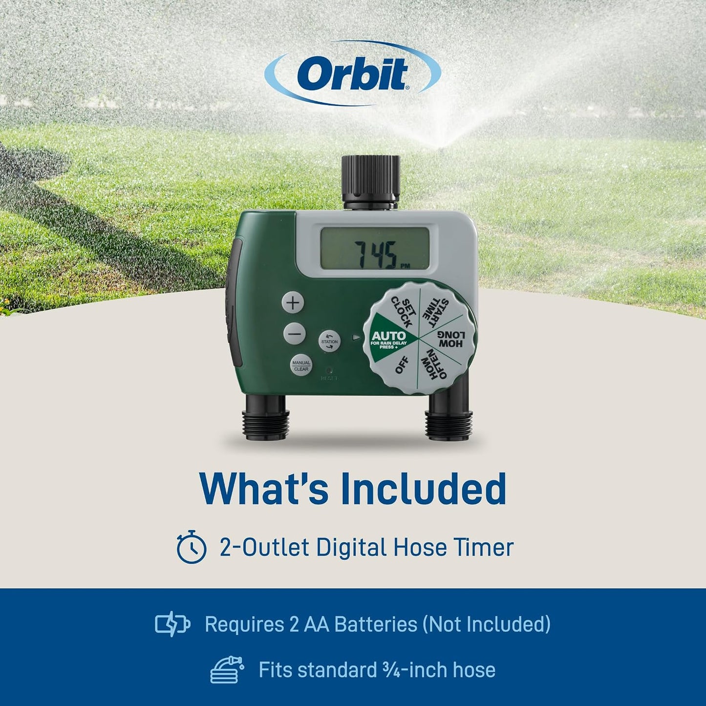 Programmable Digital Hose Watering Timer - 2 Outlet - Battery Powered - with LCD Screen - Built-In Rain Delay - Water-Resistant - 58910