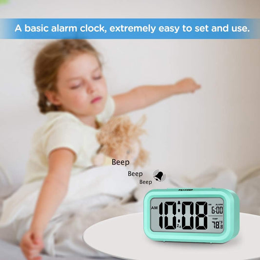 Night Light Digital Alarm Clock Battery Operated with Indoor Temperature, Desk Small Clock (Mint)