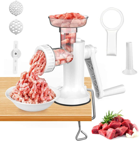 Manual Meat Grinder, Heavy Duty Meat Mincer Sausage Stuffer,Hand Grinder with Stainless Steel Blades for Meat, Sausage, Cookies, Easy to Clean(3 in 1,White)