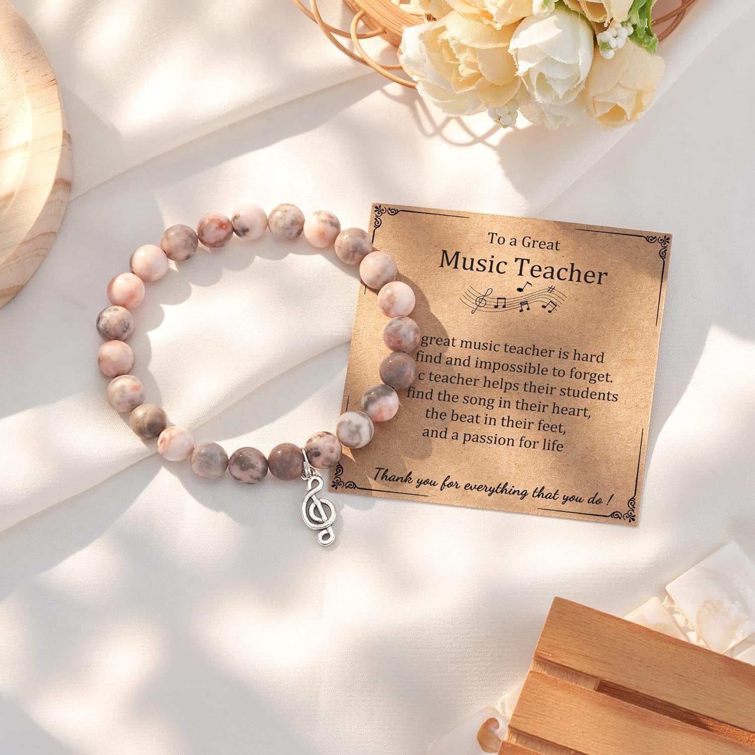 Teacher Appreciation Gifts, Teacher Gifts for Women with Gift Message Card, Natural Stone Beads Musical Note/Tree Charm Bracelets Teacher Christmas Gifts for Teachers