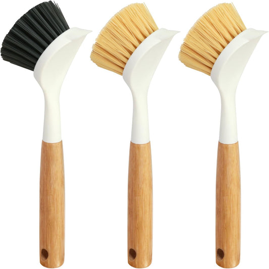 3 Pack Dish Brush Set with Bamboo Handle