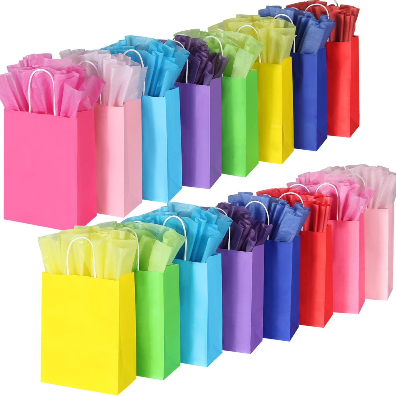 32 Pieces Gift Bags with 32 Tissues, 8 Colors Party Favor Bags with Handles, Rainbow Gift Bag for Wedding, Birthday, Party Supplies and Gifts