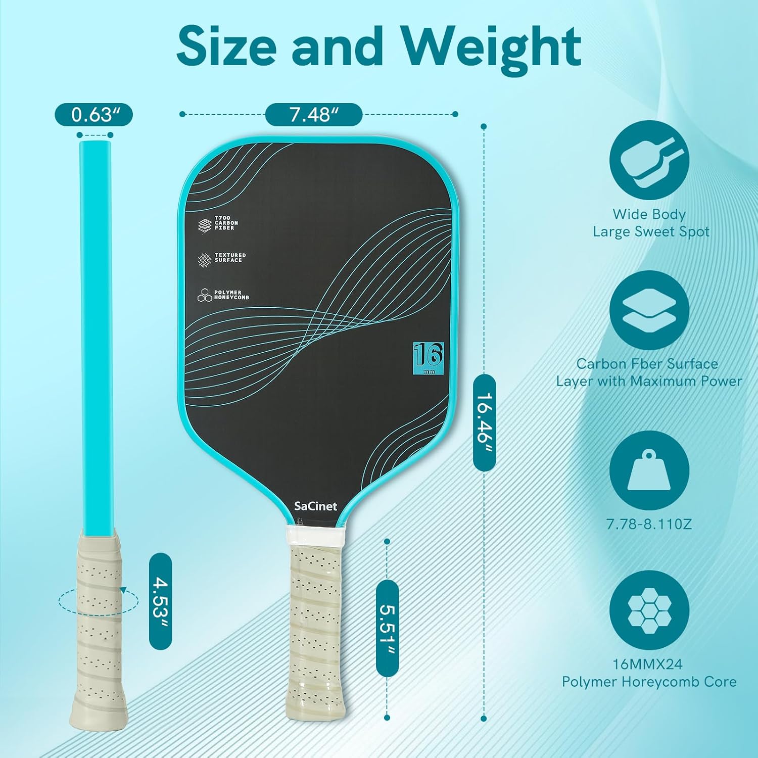 T700 Carbon Fiber Pickleball Paddles, Premium Feather Weight Paddle for Beginner and Intermediate, 16Mm Honeycomb Core, Enhanced Grit, Control and Spin, Indoor Outdoor Pickleball Racket