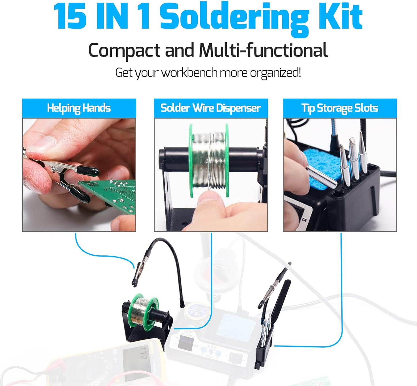 927-IV Soldering Station Kit High-Power 110W with 3 Preset Channels, Sleep Mode, LED Magnifier, 5 Extra Iron Tips, Tip Cleaner, 2 Helping Hands, Tip Storage Slots, Lead-Free Solder Wire, Tweezers