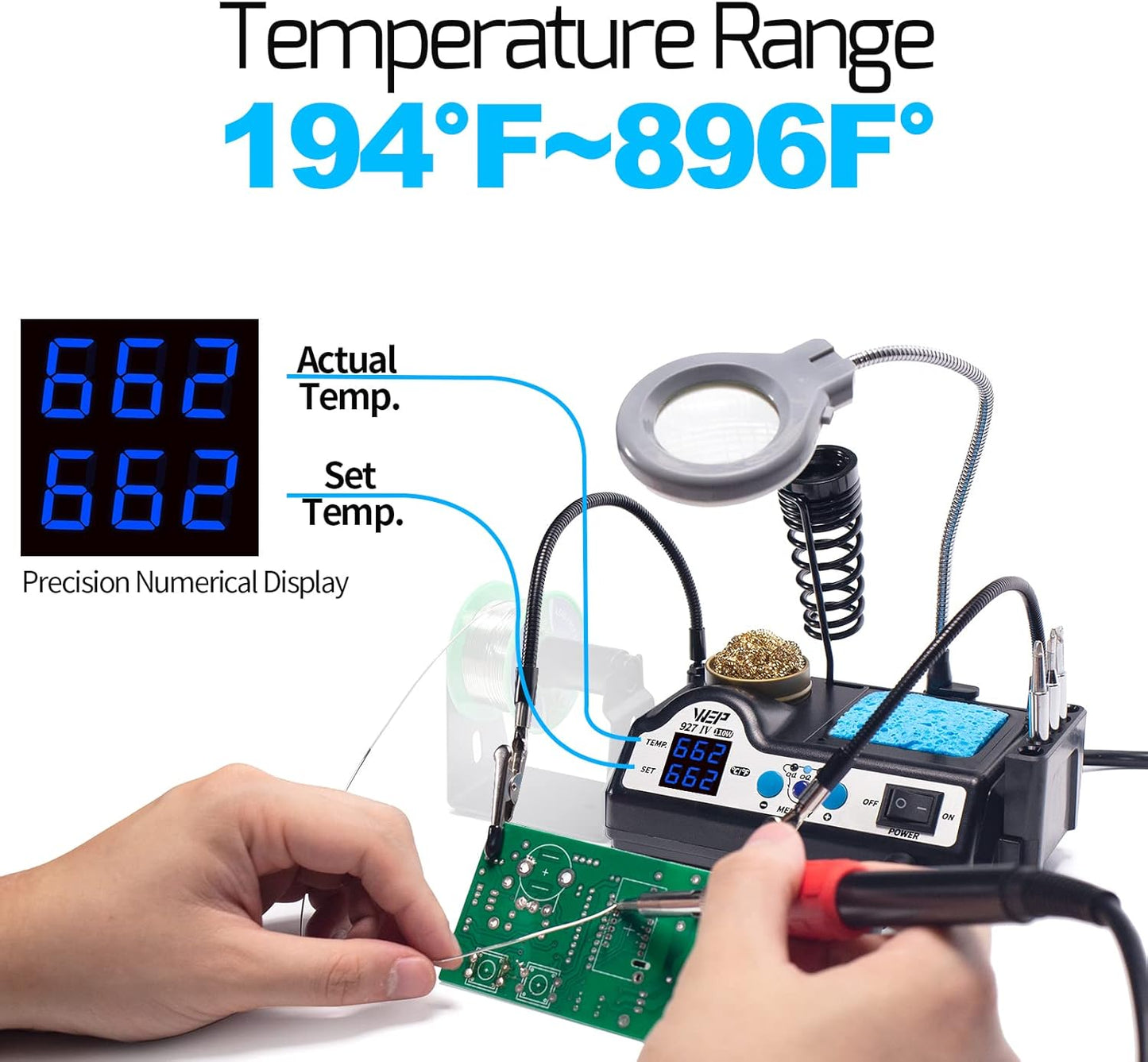 927-IV Soldering Station Kit High-Power 110W with 3 Preset Channels, Sleep Mode, LED Magnifier, 5 Extra Iron Tips, Tip Cleaner, 2 Helping Hands, Tip Storage Slots, Lead-Free Solder Wire, Tweezers