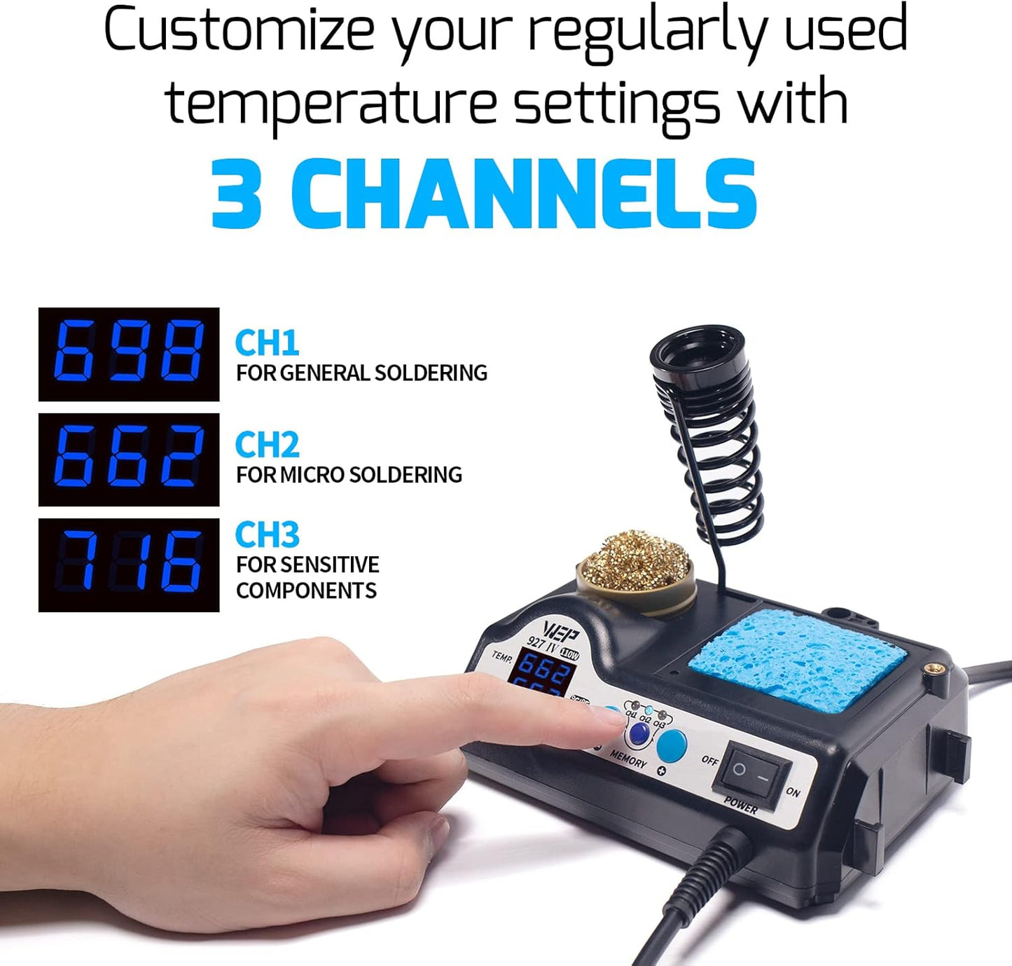 927-IV Soldering Station Kit High-Power 110W with 3 Preset Channels, Sleep Mode, LED Magnifier, 5 Extra Iron Tips, Tip Cleaner, 2 Helping Hands, Tip Storage Slots, Lead-Free Solder Wire, Tweezers