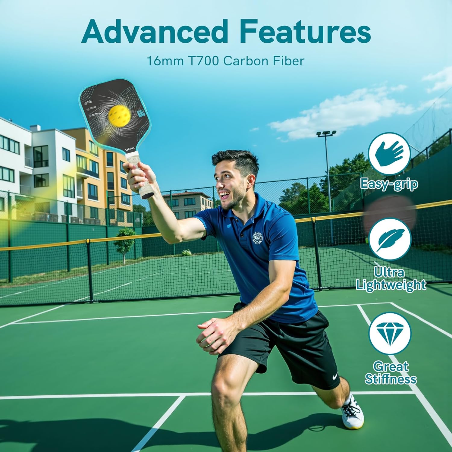 T700 Carbon Fiber Pickleball Paddles, Premium Feather Weight Paddle for Beginner and Intermediate, 16Mm Honeycomb Core, Enhanced Grit, Control and Spin, Indoor Outdoor Pickleball Racket