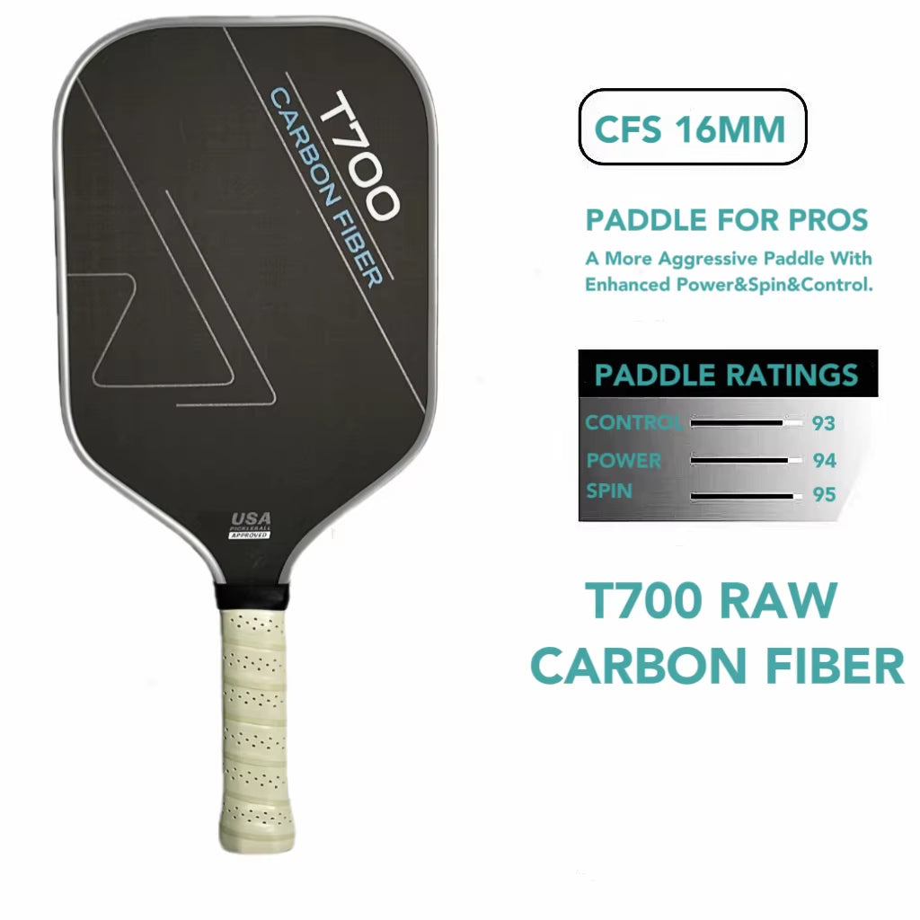 T700 Raw Carbon Fiber Pickleball Paddle for Pros Carbon Friction Surface Polymer Honeycomb Core Enhanced Power&Spin&Control 16MM