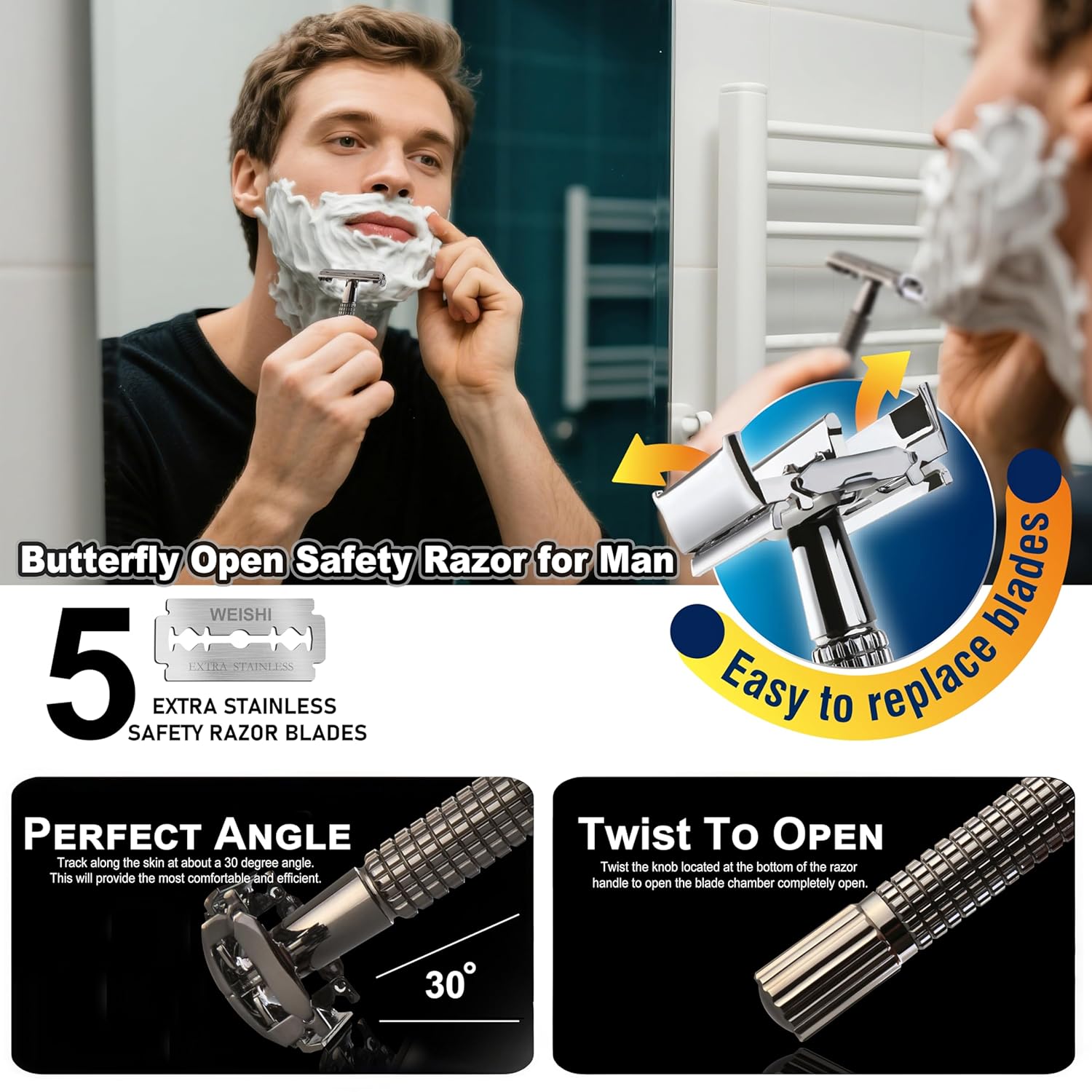 Safety Razor Double Edge Nostalgic Long Handle Butterfly Open Razor