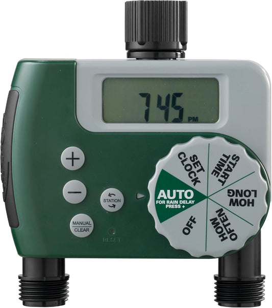 Programmable Digital Hose Watering Timer - 2 Outlet - Battery Powered - with LCD Screen - Built-In Rain Delay - Water-Resistant - 58910