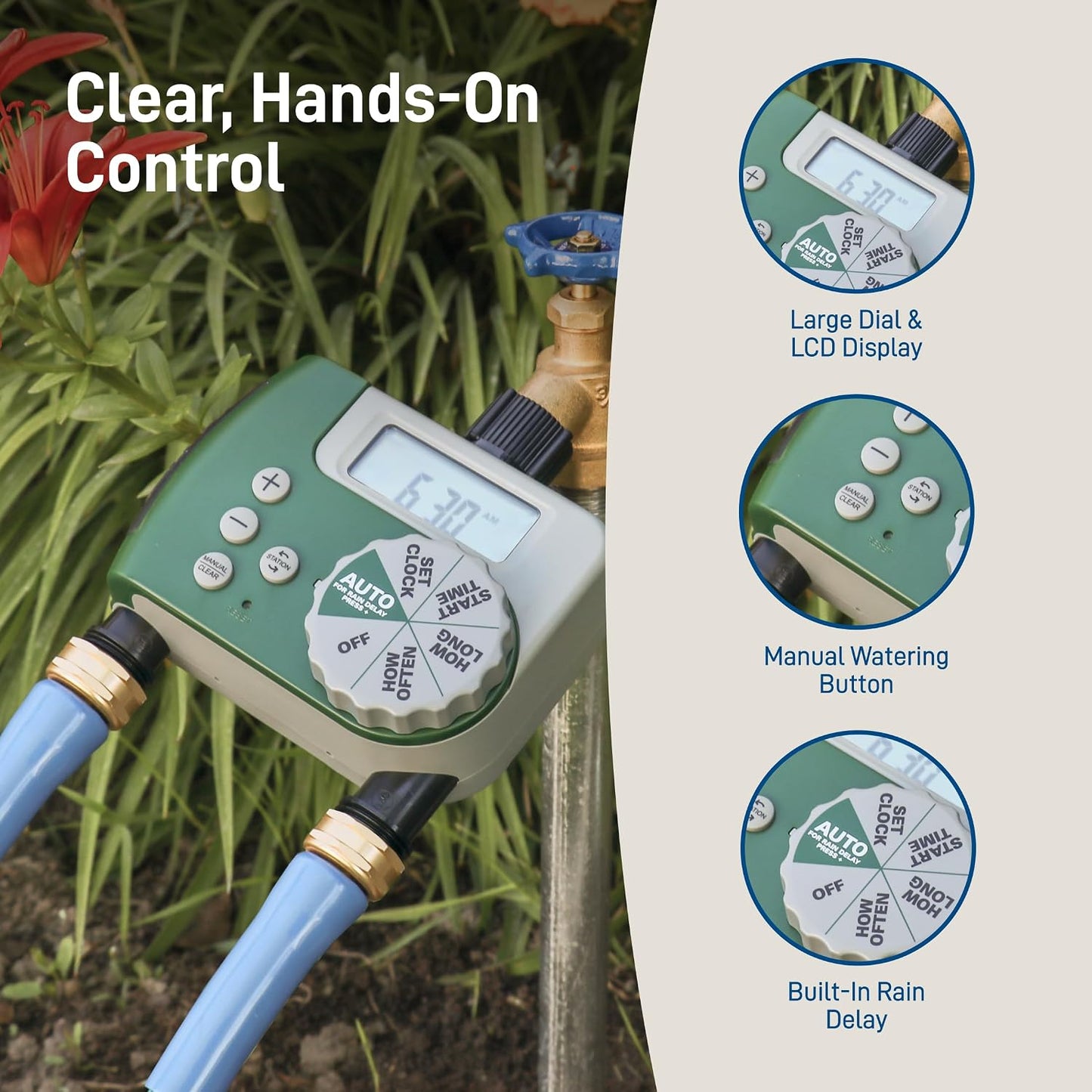 Programmable Digital Hose Watering Timer - 2 Outlet - Battery Powered - with LCD Screen - Built-In Rain Delay - Water-Resistant - 58910