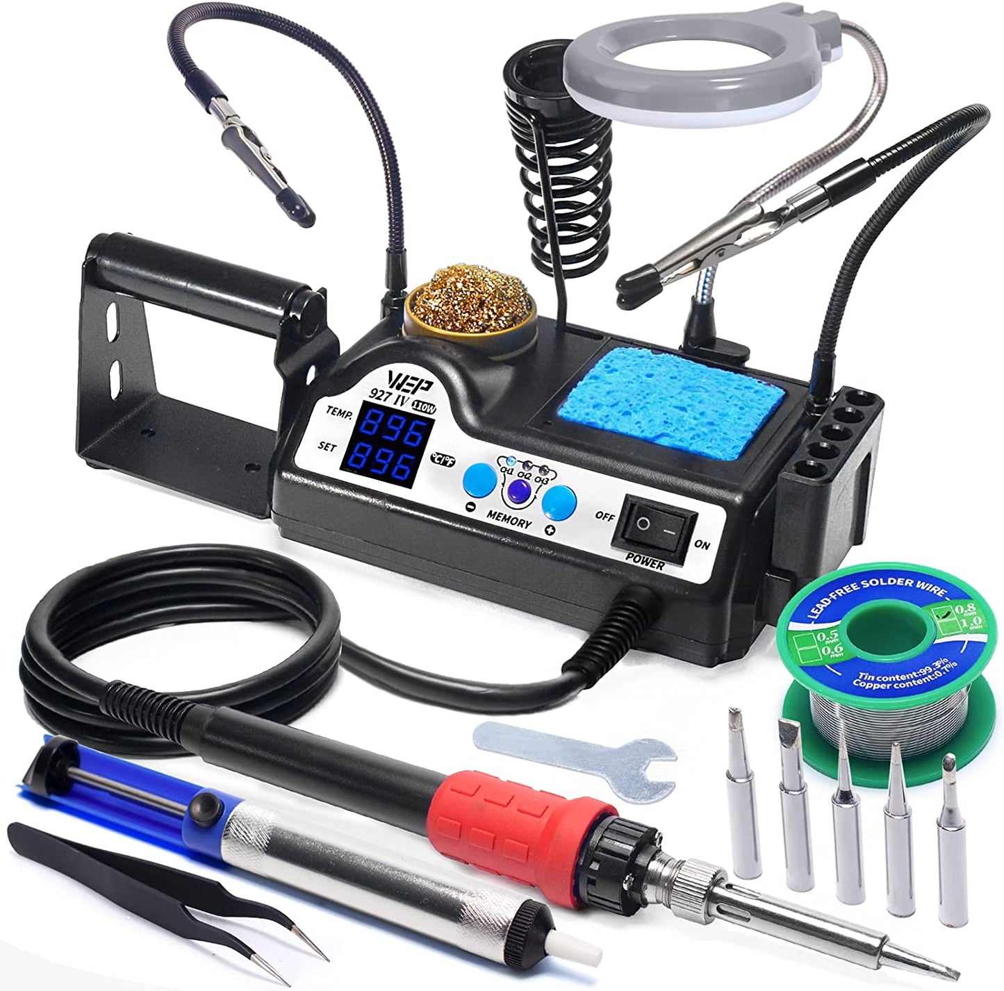 927-IV Soldering Station Kit High-Power 110W with 3 Preset Channels, Sleep Mode, LED Magnifier, 5 Extra Iron Tips, Tip Cleaner, 2 Helping Hands, Tip Storage Slots, Lead-Free Solder Wire, Tweezers